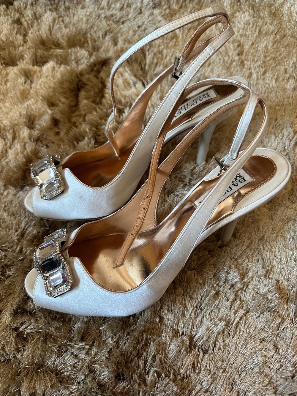 Badgley Mischka Ivory Satin Slingback Peep-Toe Heels with Crystal Embellishment